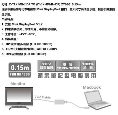 Z-TEK 力特 MINI DP TO (DVI+HDMI+DP) 0.15米轉接線 技術參數(shù)、應用場景與市場供應解析